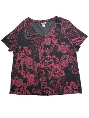 Dark Floral Knit Top Womens Plus 2X Short Sleeve Shirt Whimsigoth Dark Fairy 