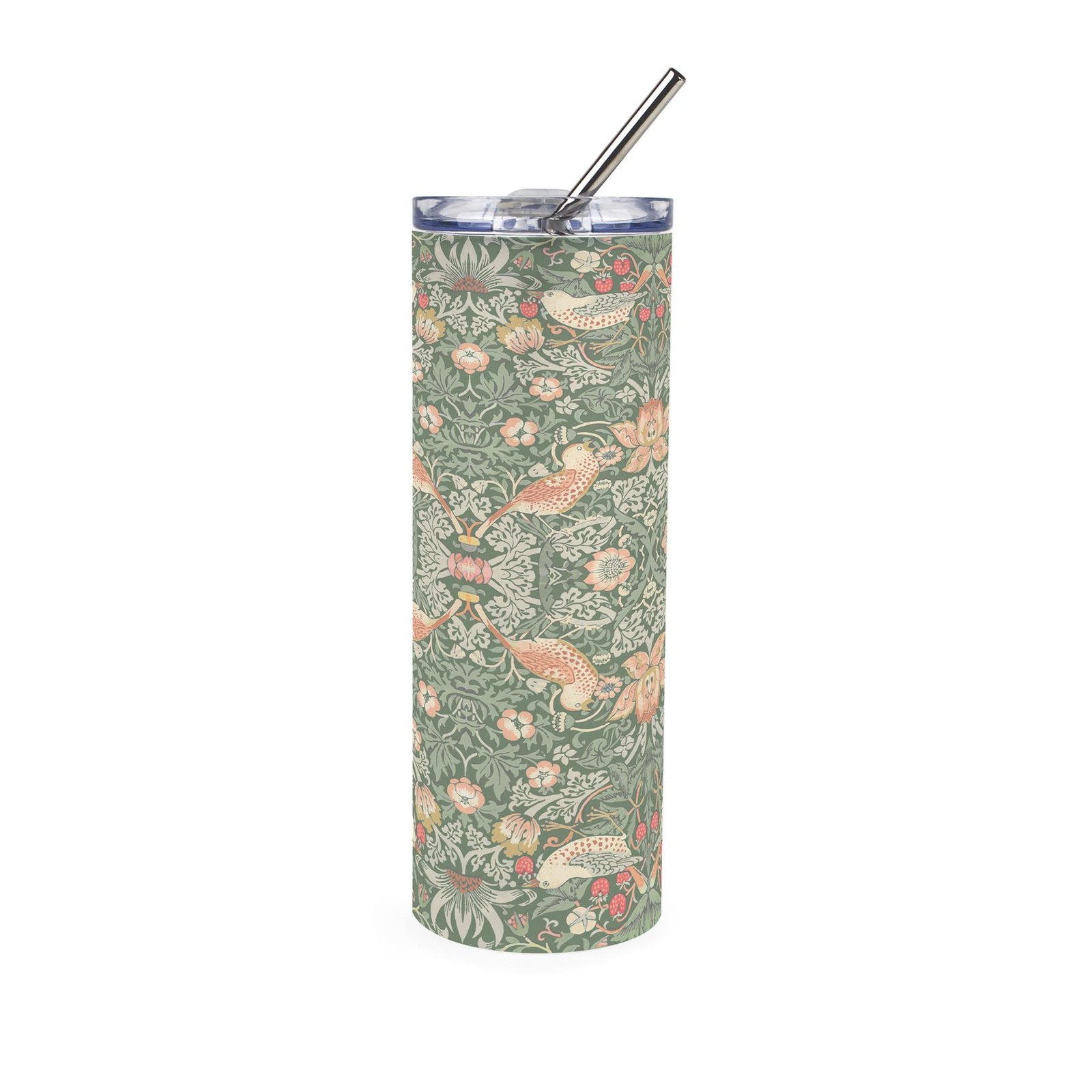 B&Q -  Strawberry Thief Green Glass Travel FlaskWilliam Morris Artwork GiftsReusable Frosted Drinks Cup With Metal Straw - Image 2