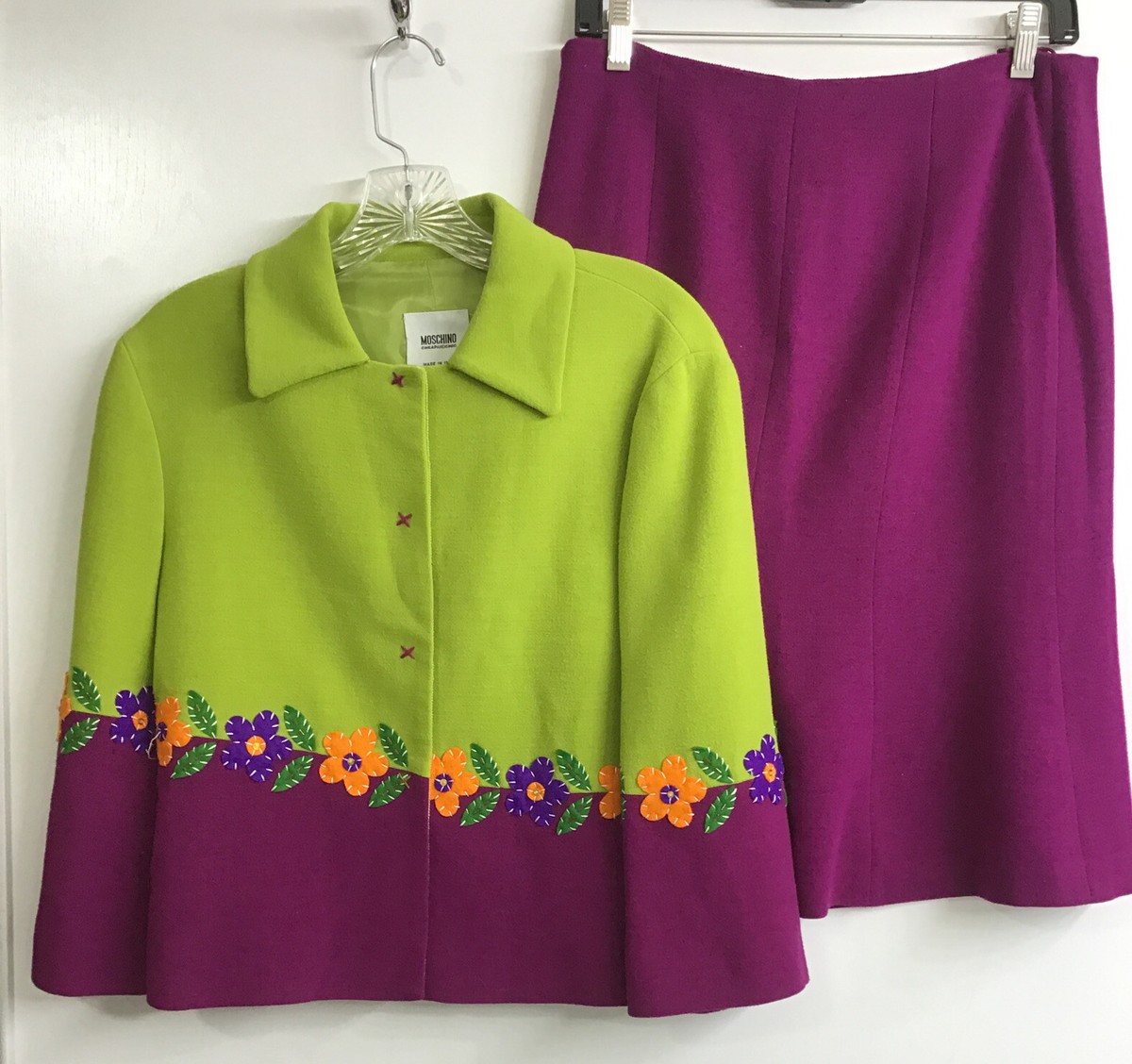 Moschino vintage Skirt suit purple and green Wool Blend floral