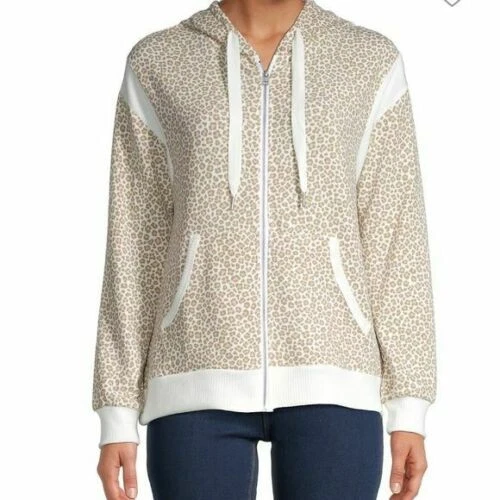 OFF WHITE Felpa con cappuccio C&C California taglia large full zip stampa leopardata tasche panna