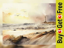 Lighthouse Seashore Watercolor Art Print - Coastal Landscape Wall Decor 5 "x 7"