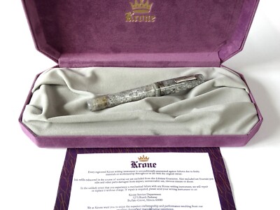KRONE STRETCH FLANEL FOUNTAIN PEN IN MARBLED GREY CELLULOID & SILVER TRIM - NOS