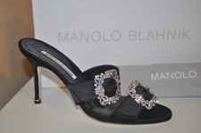NIB MANOLO BLAHNIK Mulussanhan Crystal Mule 90 Heel Sandal Shoe Black Satin 38