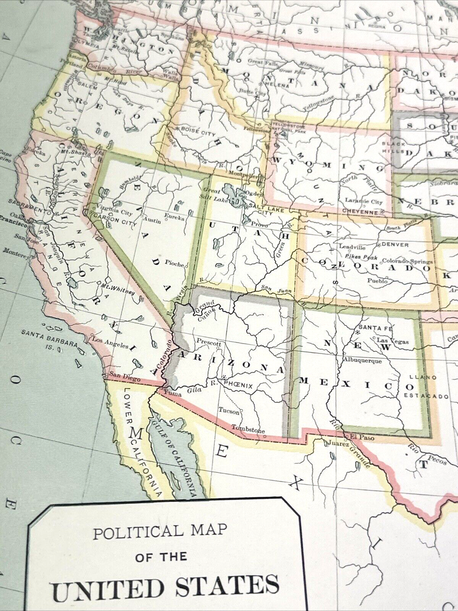 アンティーク アメリカ合衆国 地形図 大判 教材 Antique Illustration 1901 Political Map of the United States