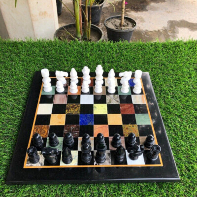 15'' black Marble Chess Table Top Malachite Inlay stone Handicraft Home Decor