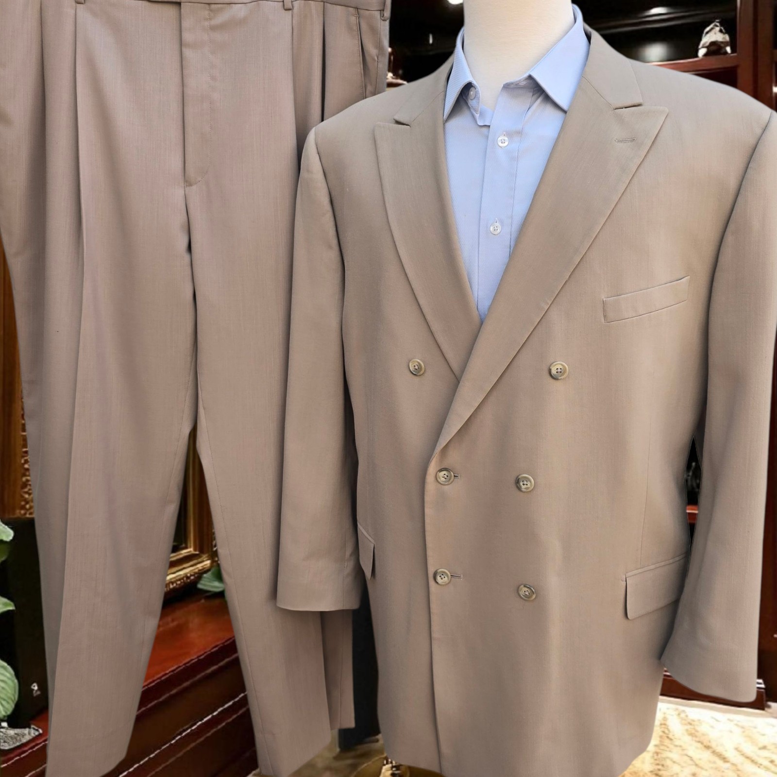 Paul Fredrick Double Breasted Suit 52R 44x31 Peak Lapel Wool