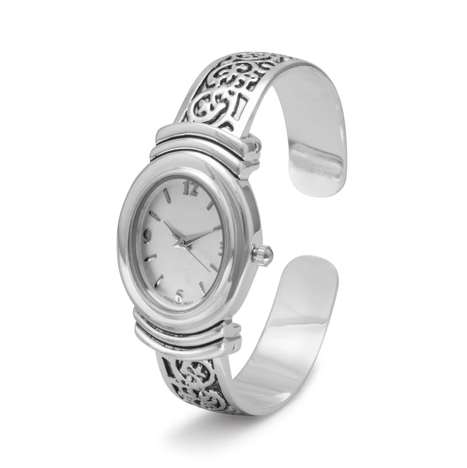 Oxidized Women's Silver Plate Scroll Design Fashion Cuff Watch Hinged - image 2 of 3