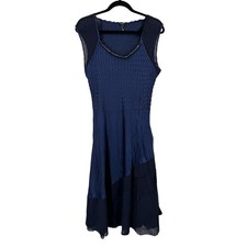Komarov crinkle sleeveless beaded midi dress blue size Large L 