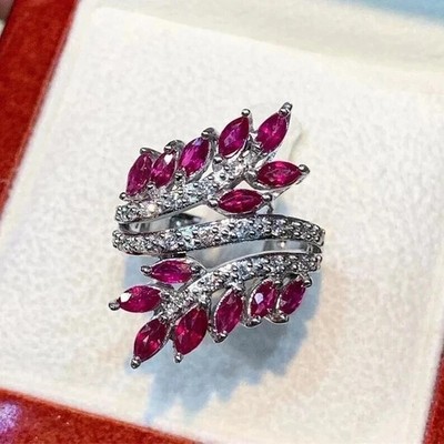 3Ct Marquise Cut Lab Created Red Ruby Cluster Wedding Ring 14k White Gold Plated