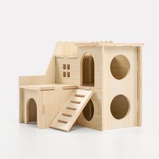 Multi-Chamber Hamster Hideout  House, Natural Wood Small Animal Cage Accesso...