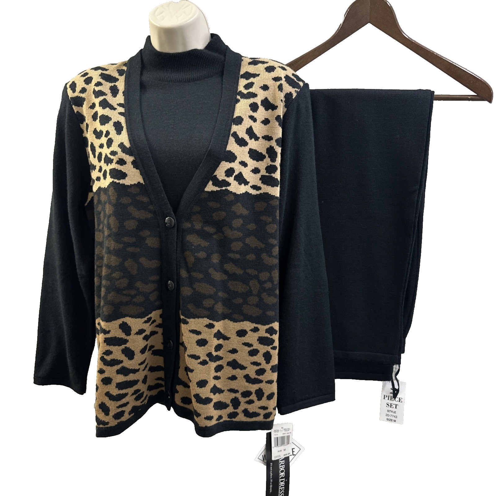 NWT Vintage Women's SAG HARBOR 2-PC Cardigan Pants Set Leopard Knit MEDIUM Mock