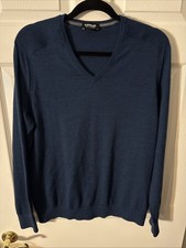 Express Sweater Mens Large Blue Merino Wool Blend Pullover V Neck Lt Weight