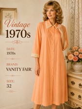 Vintage Vanity Fair Peach House Dress Lace Trim Button Front Lounge Dress 32