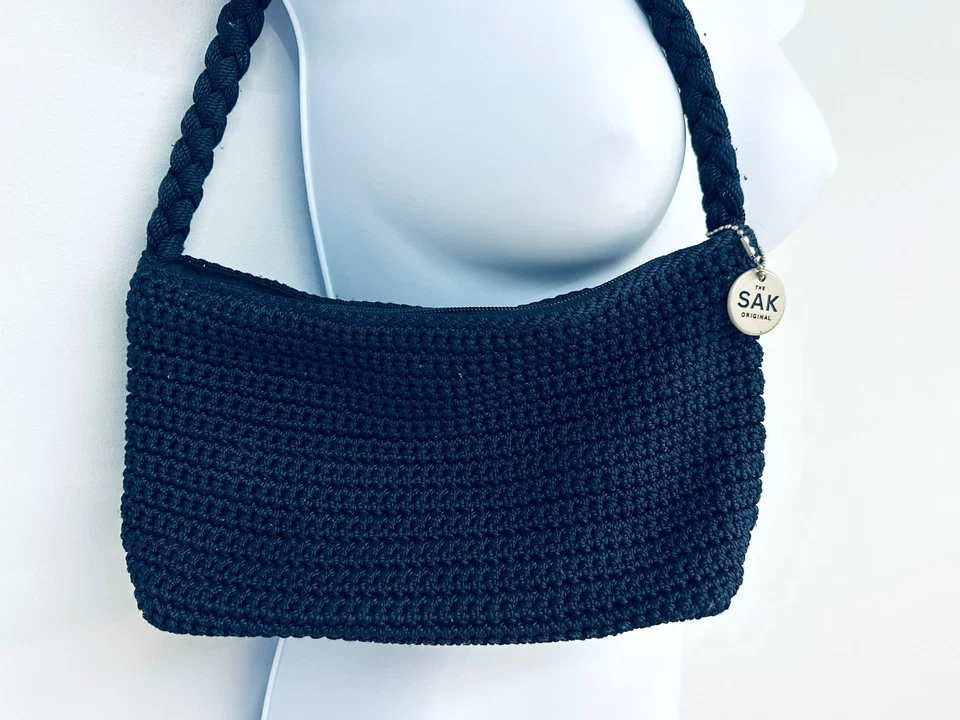The Sak Navy Crochet Bag Boho Hobo Satchel Short Braided Handle Silver Accents - Image 2 of 4