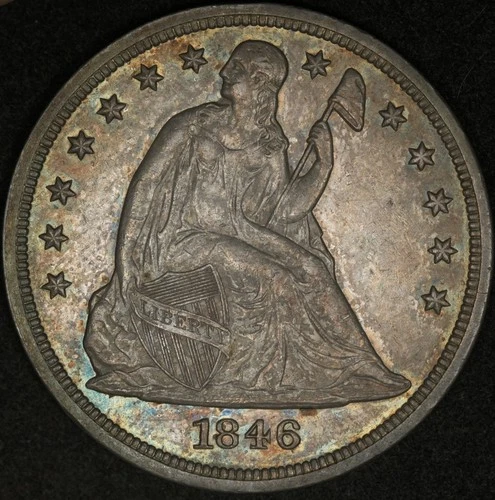 1846 PCGS AU SEATED LIBERTY SILVER DOLLAR $1 2-SIDED COLOR TONED VERY ATTRACTIVE