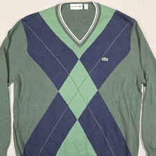 Lacoste Sweater Men's XL Green Argyle V Neck Pullover Cotton AH3608