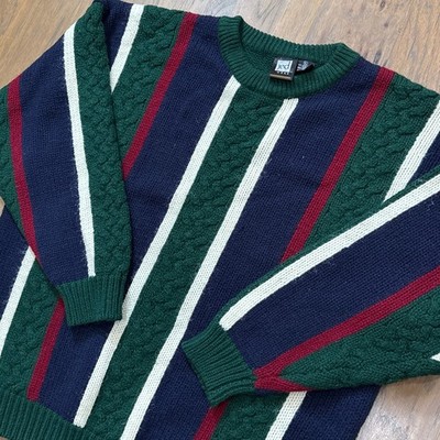Vintage Jed Sweater Mens XL Green Stripes Acrylic Wool Cable Knit Fisherman 90s