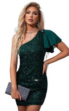 Women's Green Sequin One Shoulder Stretchy Whimsigoth Formal Mini Dress Sz XL