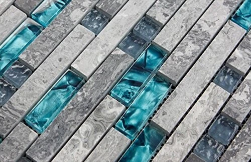 Azulejo de piedra de vidrio mosaico lineal azul verdoso cristal vidrio gris mármol pulido I... Foto 3 de 4
