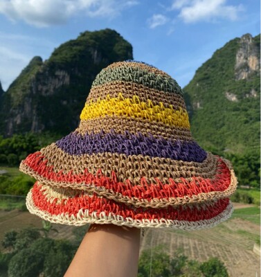 Boho Rainbow Striped Crochet Bucket Hat Women display picture 2