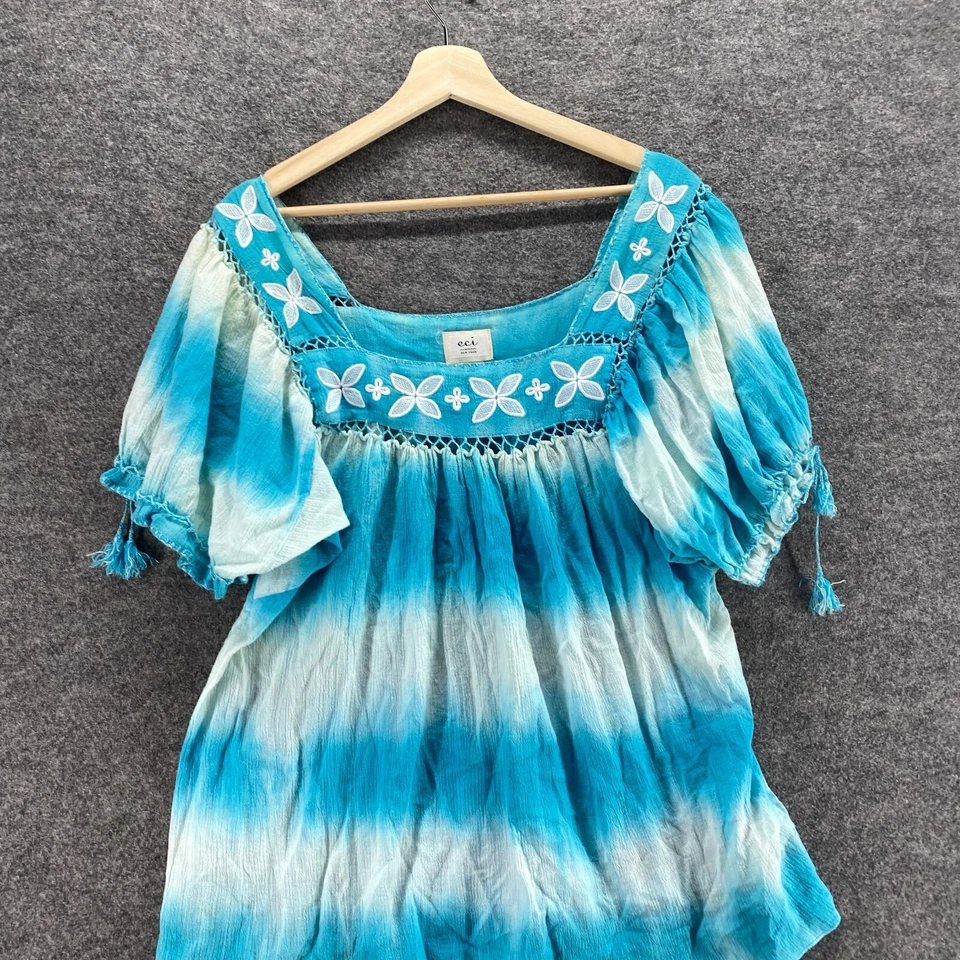 Blusa ECI Mujer 14 Azul Rayas Cuello Cuadrado Manga Corta Algodón Pullover Informal Foto 3 de 4