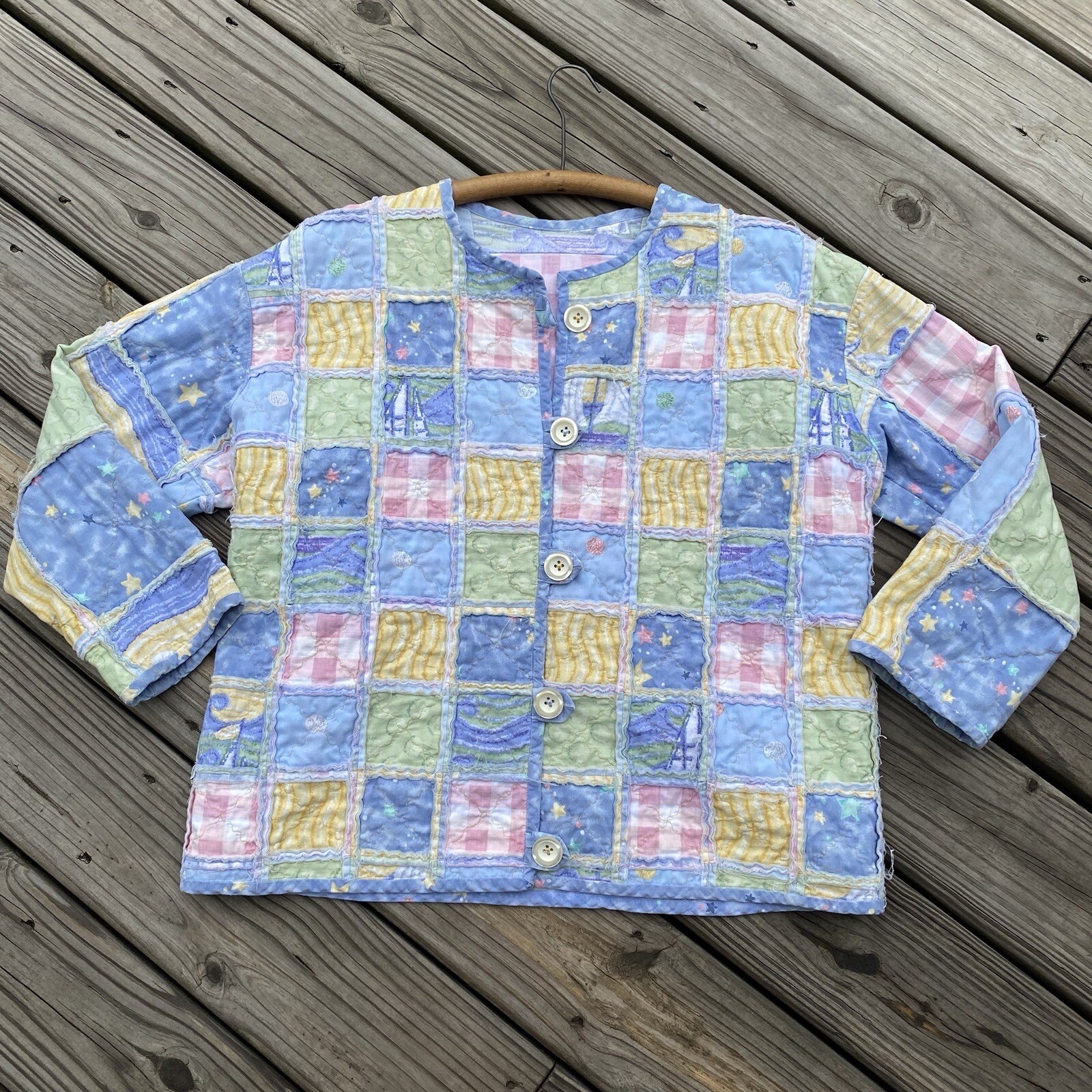 Quilted Patchwork Coat Jacket Pastel Plaid - image 3