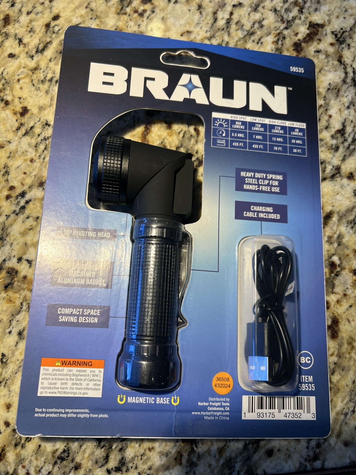 BRAUN 900 Lumen Rechargeable Swivel Head LED Flashlight 59535 Flash Torch Light