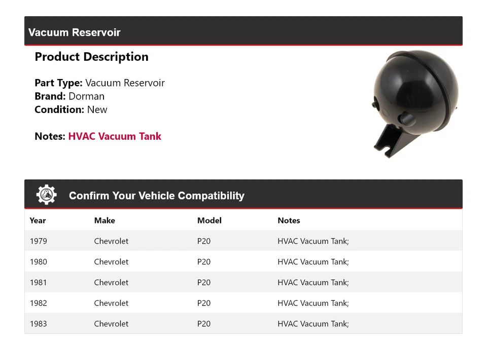 Depósito de vacío para Chevrolet P20 Dorman 1979-1983 1980 1981 1982 Foto 2 de 4