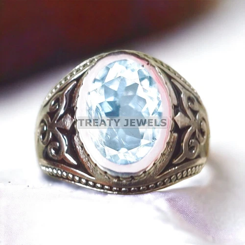 Aquamarine Oval Cut Gemstone With 14K Solid White Gold Ring For Men's #A180