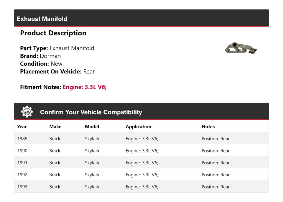 Colector de escape trasero Dorman V6 3,3 L 1990 1991 1992 para Buick Skylark 1989-1993 Foto 2 de 4