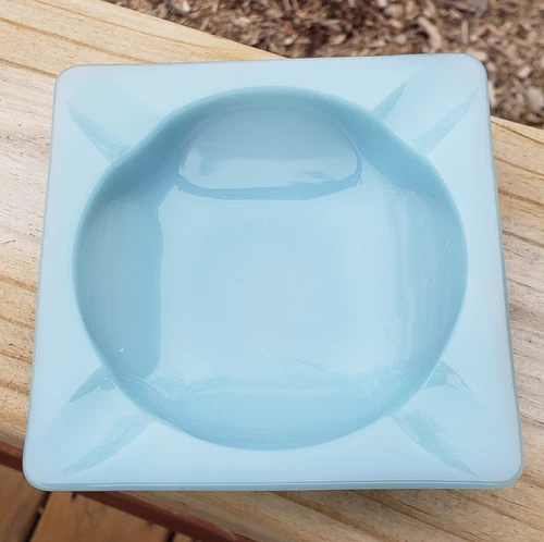 Vtg Anchor Hocking MCM Fire King Blue Glass Square Ashtray Delphite Turquoise