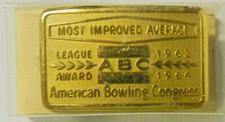 1963-64 ABC BOWLING MOST IMPROVED AVERAGE BRASS BELT BUCKLE in ORIGINAL PACKAGE