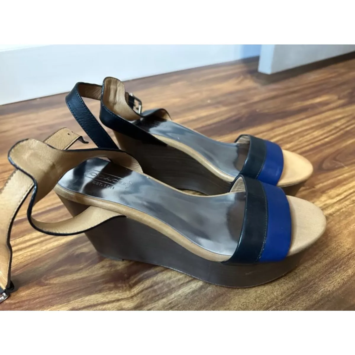 Blue shop leather wedges