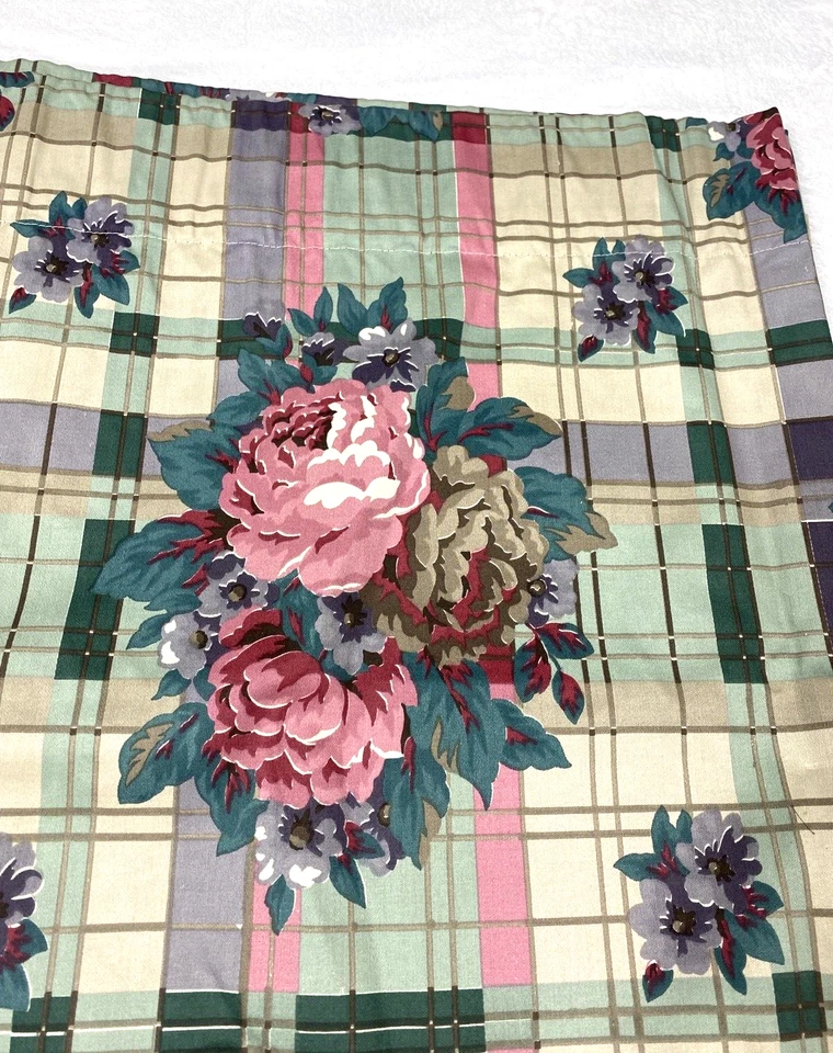 2 件定制帷幔宽短窗帘复古绿色粉红色格子玫瑰印花粉彩 — 第 4/4 张图片