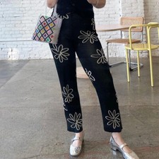 Vintage Flower Print Wide Leg Pants Retro Floral Knitted High Waist Trousers
