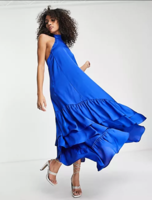 NEW TOPSHOP COBALT BLUE RUFFLE HALTER MAXI DRESS SZ 12 | eBay