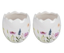Formano 2x Dekoschale Gefäß in Eiform Blumenwiese 10 x 10cm weiß Steingut 793232