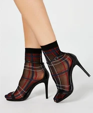F224 Inc Black Women's Sheer Plaid Anklet Socks