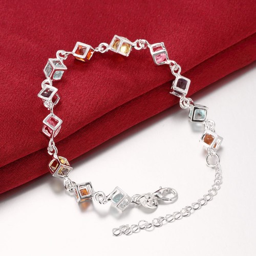 925 Sterling Silver Filled Cube Chain Bracelet With Colorful Zirconia Stone 8" - Picture 3 of 5