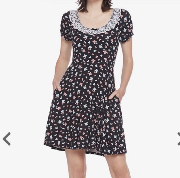 Hot Topic Womens Size Small Black Mushroom Print Lace Trim Skater Dress |  eBay