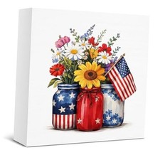 4th of July Decor Floral American Flag Wooden Sign, July 4th color-J