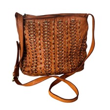 Marta Ponti Genuine Leather Crossbody Bag Basket Weave Studs Boho Brown Portugal