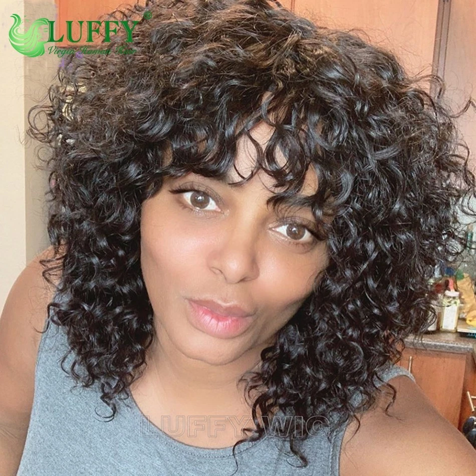 Pelucas cortas de cabello humano rizado con flequillo base cuero cabelludo superior pelucas completas hechas a máquina Foto 3 de 4