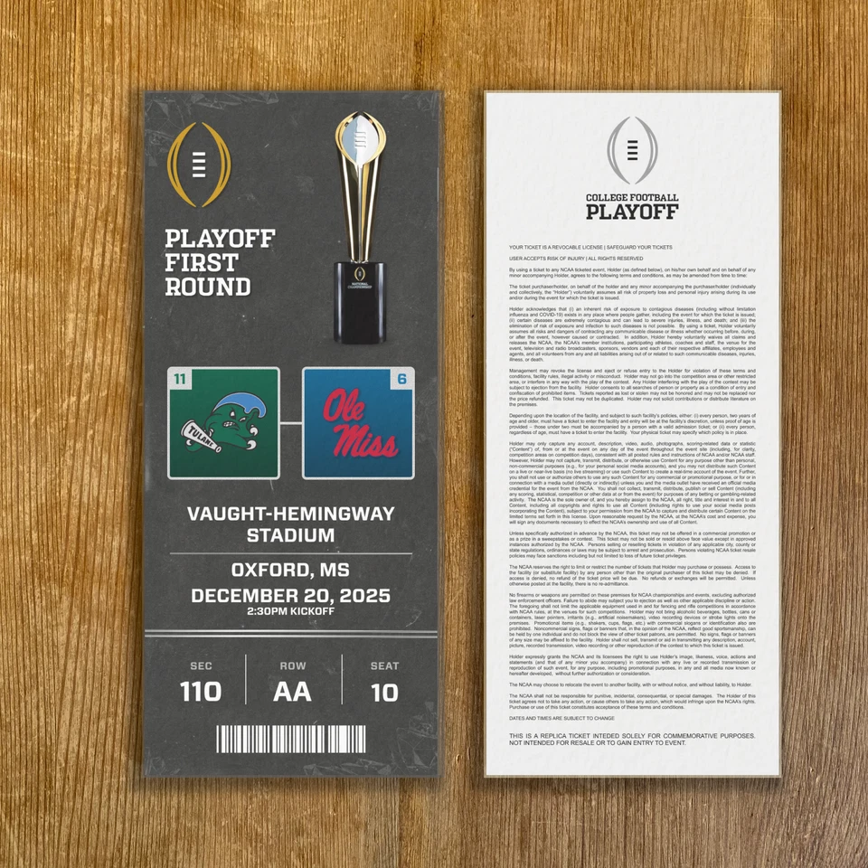 Boleto personalizado de playoffs de fútbol americano universitario OLE MISS vs TULANE 2025 cualquier asiento Foto 3 de 4