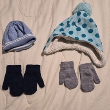 Boys Winter Beanie Mittens Set Blue Gray Fleece Knit Ear Flap Pom-Pom