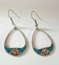 S.W. 925 Sterling Silver/Turquoise/Red Coral Crescent Teardrop Dangle Earrings