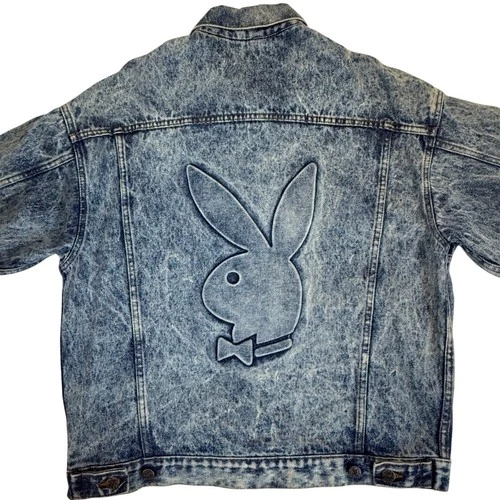 Vintage Playboy Acid Wash Denim Trucker Jacket Embossed Bunny Logo USA Made M - product listing photo