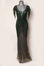 Emerald Green Sequin 1920 Style Dress Beaded Sleeve Iridescent Babeyond Lg- NWT