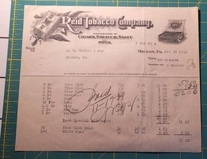 Reid Tobacco Company 1931 Invoice, Milton & Gordon, PA, Paper Ephemera