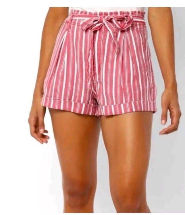 American Eagle Shorts Womens 6 Red White Striped Linen High Rise Paper Bag Belt